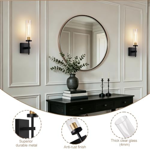 Hardwired Wall Sconces, Black and Gold Bathroom Sconces Wall Lighting with Clear Glass, Modern Sconces Wall Decor Set of 2 Bathroom Light fixtures for Mirror Hallway - Image 6