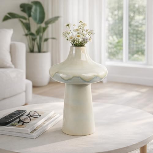Pedestal Vase for Home Decor - Ceramic Earthenware for Bathroom, Bedroom, Kitchen, and Living Room Centerpiece - Flower Pot Accent Display for Entryway and Office Hallway Styling - 16", Ivory & Blue by NESSANDJORD