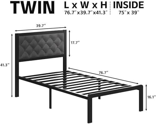 Fluest Twin Bed Frame with Headboard Linen Upholstered Bed Frame Platform,All Metal Slats Support Platform Bed Frame with Storage Space,Easy Assembly,Noise Free,No Box Spring Needed,Grey - Image 2