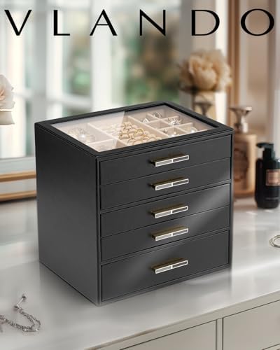 VLANDO 5 Layer Jewelry Box for Women, Glass Lid Jewelry Organizer with 5 Drawers for Necklaces Rings Earrings Bracelets - Black - Image 6