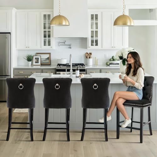 SoarFlash Modern Velvet Upholstered Bar Stools Set of 4 with Wood Legs, Button Tufted,Chrome Nailhead, Counterstool Seat, Armless Bar Chairs (Black) - Image 5