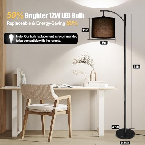 mukuxin LED Floor Lamps for Living Room, 12W 1200LM Modern Arc Floor Lamp with Remote & Adjustable Linen Lampshade, 12 Color Temperature Stepless Dimmable Tall Standing Lamp - Image 4
