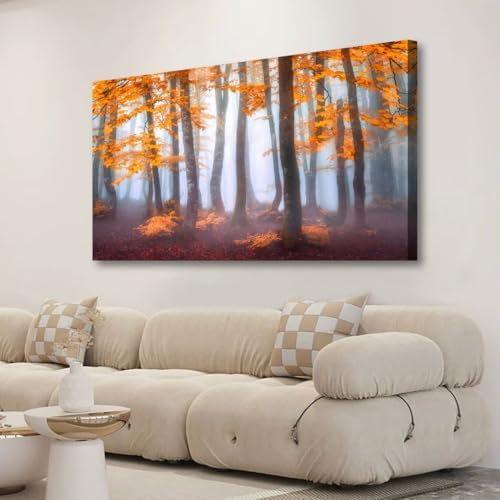 Orange Maple Leaf Tree Canvas Wall Art for Living room Office Bedroom Mist Forest Wall Art Print Paintings Modern Nature Autumn Landscape Pictures Wall Decor Artwork Ready to Hang - 20in * 40inch by HaichuangDecorArt