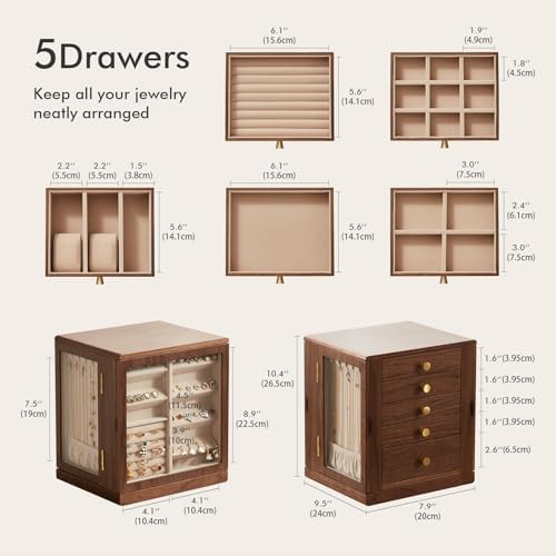 CHOSIN 360° Rotating Walnut Wooden Jewelry Box with 5 Drawers for Women - Image 4