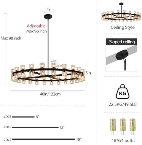 Modern 48 inch Black Round Chandeliers Light Fixture, Crystal Chandeliers for Dining Room, Living Room Chandelier, Wagon Wheel Chandelier Over Table, Suitable for Bedroom,Foyer,Includes Bulb - Image 3