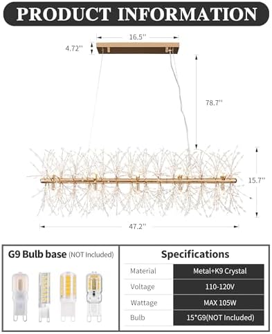 Modern 47.2" Modern Gold Crystal Firework Chandelier, 15-Light Pendant Light Fixture, Rectangle Linear Sputnik Dandelion Chandeliers for Dining Room Kitchen Living Room - Image 2