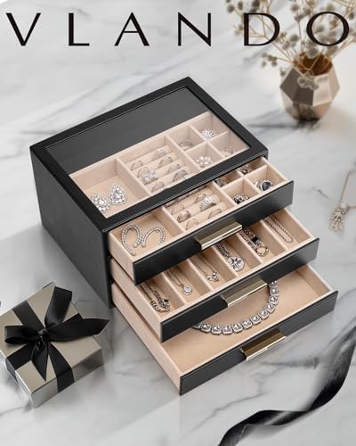 VLANDO Jewelry Box for Women, Glass Lid Jewelry Organizer with 3 Drawers for Necklaces Rings Earrings Bracelets - Black - Image 6