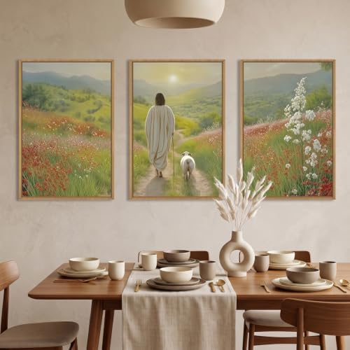 LHIUEM Large Jesus and Lamb Christian Framed Canvas Wall Art,Leaves The 99 Sheep Wall Decor,Mountain Sunset Flower Bible Artwork for Living Room,Bedroom,Dining Room,Office -24''x36''x3 - Image 3
