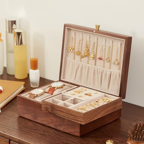 CHOSIN Walnut Wood Jewelry Box with Removable Tray, Vertical Necklace Hooks by CHOSIN