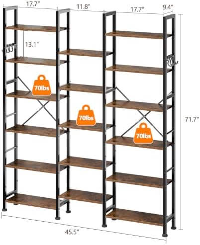 Furologee Triple Column 6 Tier Bookshelf, Large Bookcase with 17 Display Shelves, Wide Book Shelf with 6 Hooks, Adjustable Rustic Bookshelves Storage Organizer, Shelving Unit for Living Room, Office - Image 3