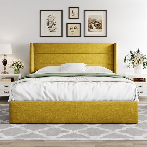 Allewie Queen Size Lift Up Hydraulic Storage Bed Frame Olive Yellow - Image 7