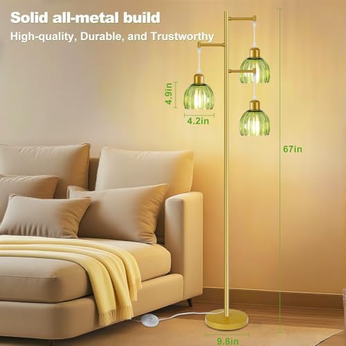 Tree Floor Lamp with 3 Light Bulbs, Vintage 3 Heads Flower Floor Lamp, Tall Gold Vintage Lamps with Brass Base Foot Switch, Boho Standing Lamps for Living Room with Green Glass Flower Shades - Image 5
