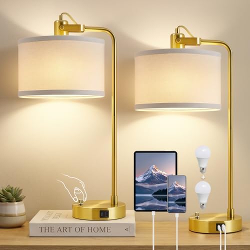 Gold Table Lamp Set of 2, USB A+C, 180° Adjustable Bedside Lamps, Dimmable by Luvkczc