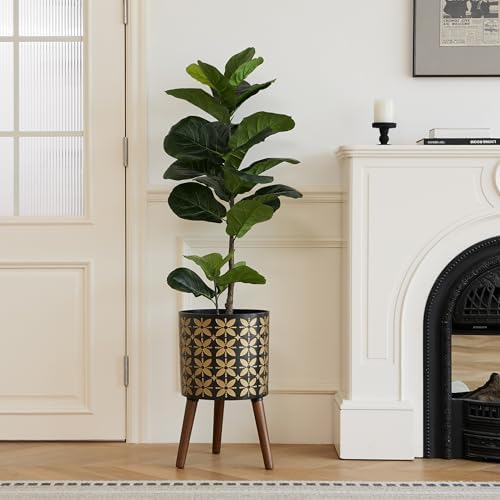 10 Inch Plant Pot with Stand, Planter for Indoor Plant Mid-Century with Drainage Holes for Outdoor,Black and Gold - Image 4