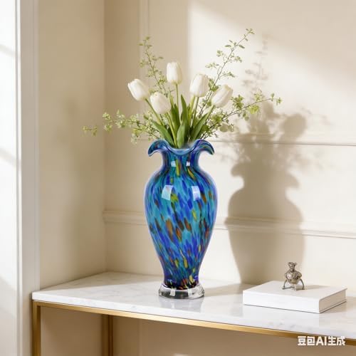 12" Tall Hand Blown Glass Vase – Pretty Ruffle Wide Mouth Decorative Flower Vase, for Modern Home Decor, Ideal Centerpiece for Living Rooms, Wedding & Home Decor - Image 5