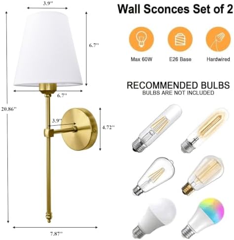 Bsmathom Wall Sconces Sets of 2, Hardwired Classic Brushed Brass Sconces Wall Lighting, Bathroom Vanity Light Fixture with Fabric Shade for Bedroom Living Room Hallway Kitchen, Bright Gold - Image 3