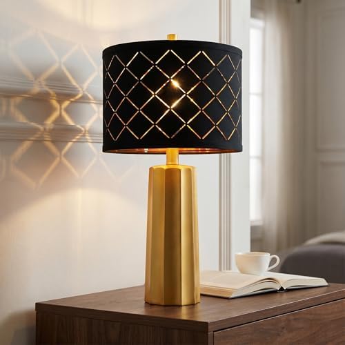 24" Modern Table Lamp for Living Room Bedroom Black Grid Shade by RORIANO