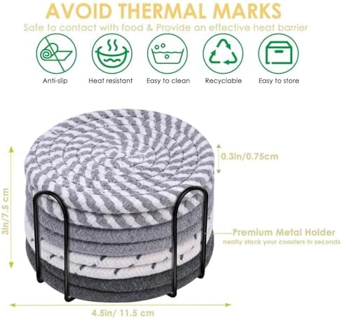Drink Coasters 8 Pack with Holder, 4-Color Cotton Woven Absorbent Coasters Set, Minimalist 4.3in Cup Mat for Home Decor, Dining Table, Living Room, Tabletop-Protection for Coffee Beverage-Grey - Image 3