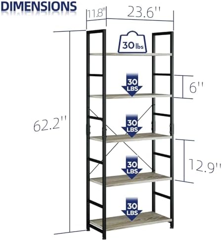 NUMENN 5 Tier Bookshelf, Tall Freestanding Open Storage Bookcase, Grey - Image 3