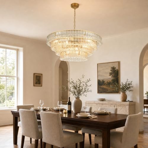 36-Inch 4-Tier Clear Glass Chandelier, 12-Light Round Brass Chandelier - Image 2