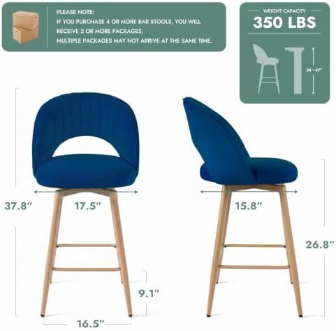 Swivel Bar Stools Set of 3, Counter Height Barstools for Kitchen Island, 26" Seat Height Bar Chairs for Dining Room, Upholstered Bar Stool with Back and Footrest, Blue - Image 2