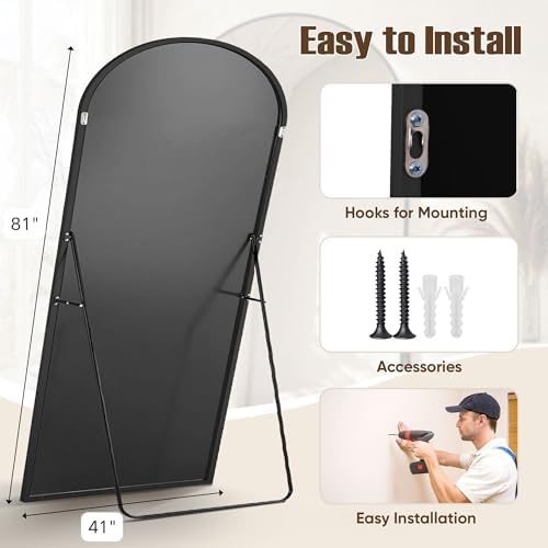 Oversized Floor Mirror, 81"x41" Arched Full Length Mirror, Black - Image 6