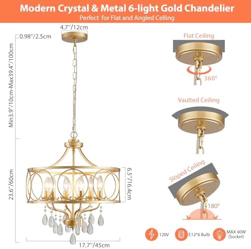 6-Light Modern Gold Crystal Chandelier, 17.7" Farmhouse Ceiling Light Fixture, Hanging Metal Pendant Lights Kitchen Island Dining Room Entryway Foyer - Image 3