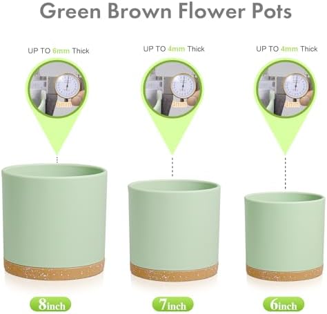 Meowell 8/7/6 inch Plant Pots, 3 Pack Cylinder Flower Pots for Outdoor Indoor Plants, Decorative Plastic Planters with Drainage Holes and Saucers for Garden House Plants, Green with Brown - Image 6