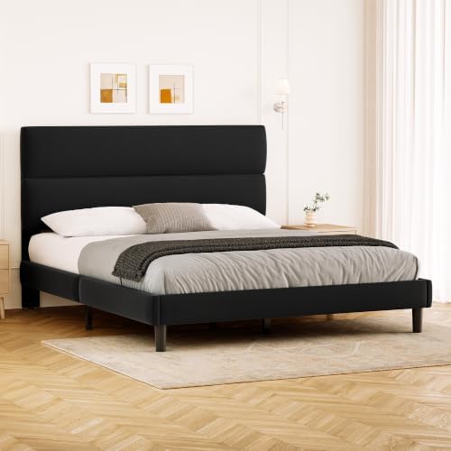 GRUSIGN Queen Size Platform Bed Frame with Velvet Headboard, Adjustable Height Wooden Slats Support, Upholstered Mattress Foundation, Fits Mattress or Mattress with Box Spring, Easy Assembly, Black by GRUSIGN