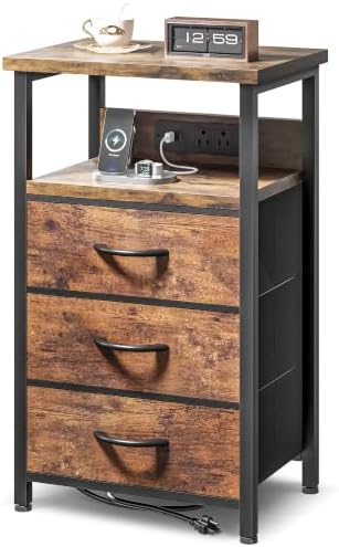 Lazzanto Night Stand with Charger Station, 3 Fabric Drawers, Brown by Lazzanto