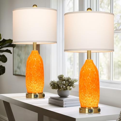Rinweey 26" Modern Orange Glass Table Lamp Set of 2,Bedside Lamps with USB A+C Ports & AC Outlet, Nightstand Lamp with 3-Way Dimmable Touch Control Night Light for Bedroom Living Room(Bulbs Included) - Image 4