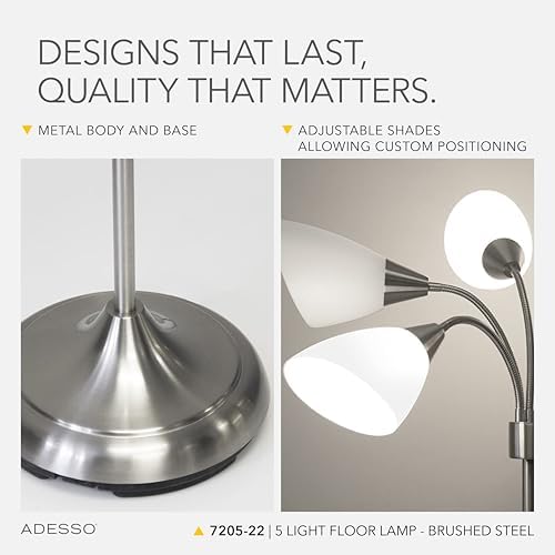 Adesso Floor Lamp with 5 Movable Shades & Adjustable Brightness, Brushed Steel Finish, Silver Perfect Lighting for Bedroom Decor, Beauty & Art Studio - Image 4