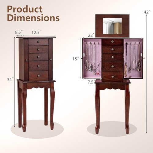 GIANTEX Standing Jewelry Armoire Cabinet with 4 Drawers, Flip Top Mirror, Top Storage Compartments, 2 Side Doors with 8 Necklace Hooks, Freestanding Jewelry Organizer Box Chest (Walnut) - Image 7