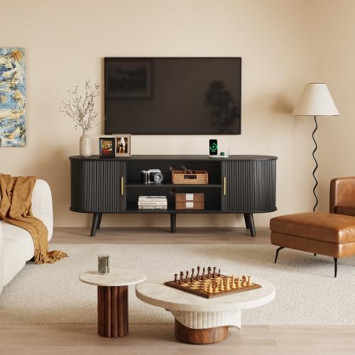 PRAISUN 54 Inch Fluted TV Stand for TVs up to 55 Inch, TV Media Console with Power Outlets and USB-C Port, Entertainment Center with Storage, Curved Sliding Doors, Adjustable Shelf, Black by PRAISUN