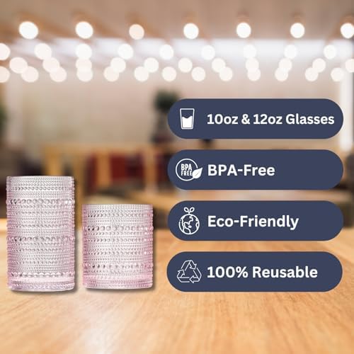Khen Hobnail Beaded Highball Drinking Tumbler Glasses | Set of 12 | Pink Blush Color, Vintage Bubble Design Whiskey Glassware, Old-Fashioned, Embossed Design for Water, Wine, Cocktail, Rocks Glass - Image 3