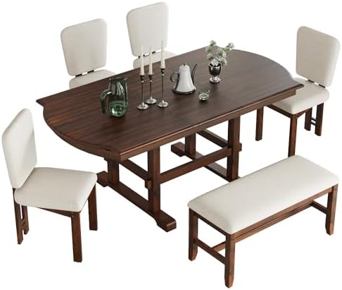 VilroCaz 6 Pieces Retro Functional Dining Set, Solid Wood Extendable Dining Table with 4 Upholstered Chairs and Bench, Traditional Dining Room Kitchen Table Set for 6 - Image 3