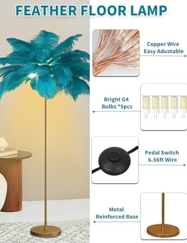 Feather Floor Lamp,Fluffy Ostrich Feather Floor Lamp for Bedroom,3 Color Temperatures Led Corner Modern Floor Lamps for Living Room Christmas Home Decor House Warming Gifts,63″ Height (Peacock Blue) - Image 4