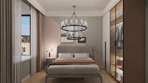 48 Inch Black Wagon Wheel Chandelier 2 Tier with Glass Shade, 24 Lights, Modern Farmhouse Style, Ideal for Dining Room, Kitchen, Entryways - Image 4
