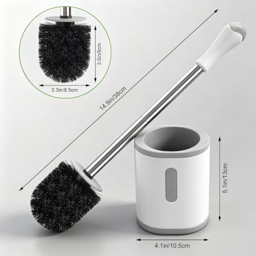AONEZ Compact Toilet Brush & Holder, Stainless Steel Handle, Space Saving for Storage, Deep Cleaning, Drip-Proof, Easy to Assemble, Nylon Bristles, White & Grey - Image 2