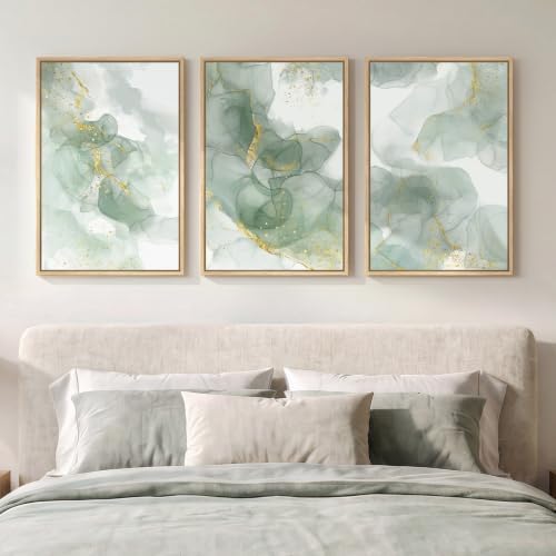 Framed Sage Green Abstract Wall Art for Bedroom, 3 Piece Set, Each 16x24 In by Cuspin