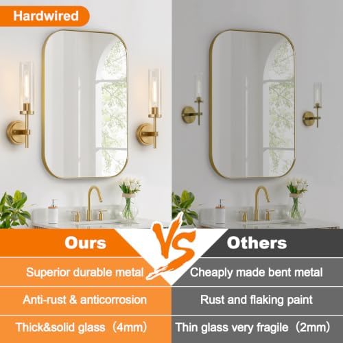 [Hardwired] Wall Sconces Set of Two, Brushed Gold Bathroom Sconces with Clear Glass, Modern Wall Light Fixtures for Bathroom Mirror Vanity, Living Room, Bedroom, Hallway, Stairway, Cabinet, Foyer - Image 2