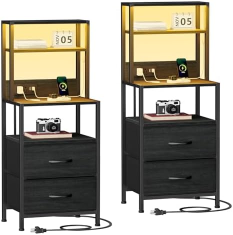 Furnulem Nightstands Set of 2,Tall Night Stand & Bedside Table with Charger by Furnulem