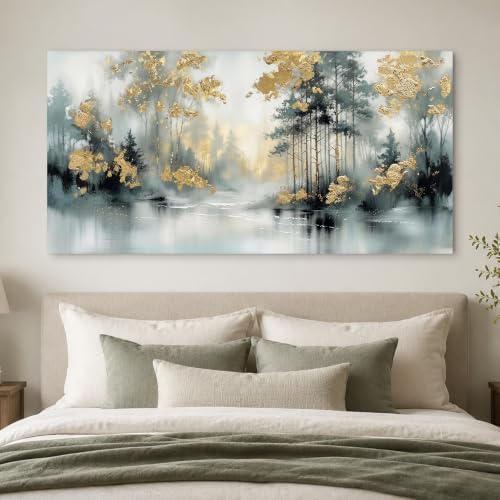Anolyfi Misty Forest Grey Lake Canvas Wall Art for Living Room 40"x20" - Image 7