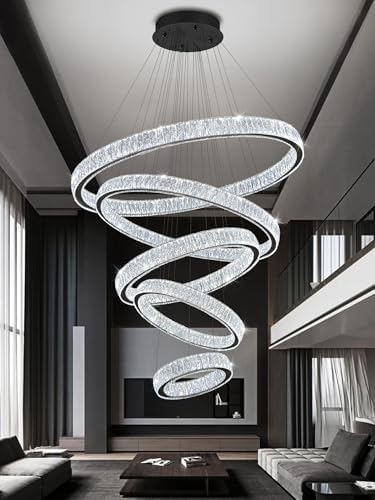 Modern Large 5 Ring Chandelier for High Ceiling Foyer, Luxury Black Crystal Ring Chandeliers Staircase Villa, D8''+15.7"+23.6"+31.5"+39.4", Dimmable LED 3000K-6000K - Image 6