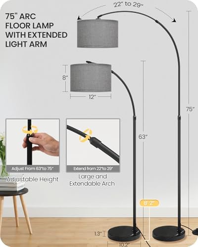 75" Dimmable Gray Arc Floor Lamp with Marble Base and Adjustable Height - Image 3