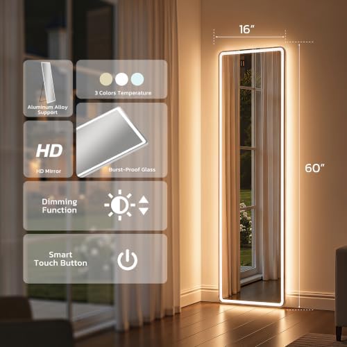 Full Length Mirror with LED Lights, 60"x16"Floor Mirror with Dimming & 3 Color Lighting, Free Standing Floor Mirrors, Lighted Full Body Mirrors for Bedroom, Dressing Room, Cloakroom - Image 4