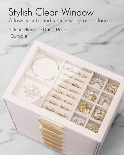 VLANDO 6 Layer Jewelry Box for Women, Glass Lid Jewelry Organizer with 6 Drawers for Necklaces Rings Earrings Bracelets - Light Pink - Image 3