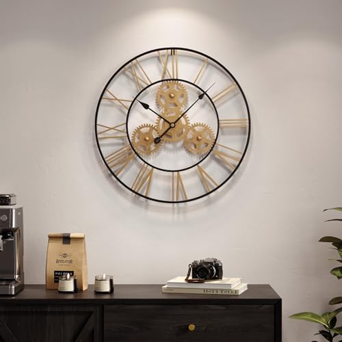 Cuspin 24 Inch Wall Clock Black Gold Industrial Metal Gear Decorative Clock - Image 2