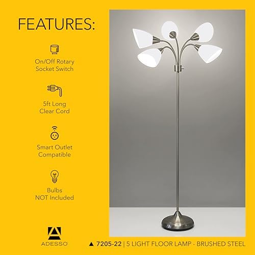 Adesso Floor Lamp with 5 Movable Shades & Adjustable Brightness, Brushed Steel Finish, Silver Perfect Lighting for Bedroom Decor, Beauty & Art Studio - Image 5