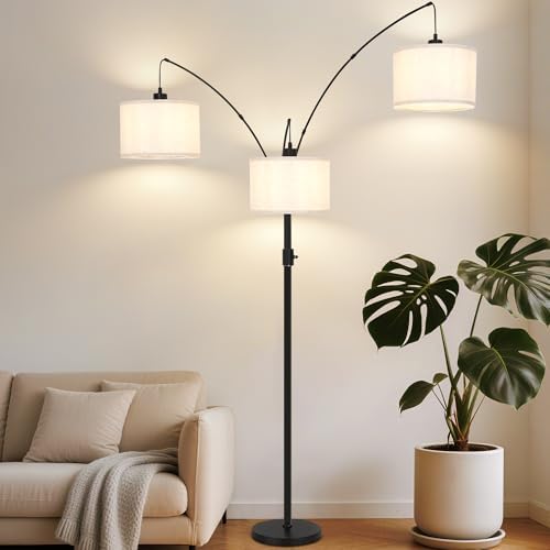 AHDWDW Dimmable Arc Floor Lamp-3 Lights Floor Lamps for Living Room,Modern Tall Standing Lamp with Beige Drum Shades&Heavy Base,Mid Century Tree Floor Lamp for Bedroom Corner Office,Bulbs Included - Image 6